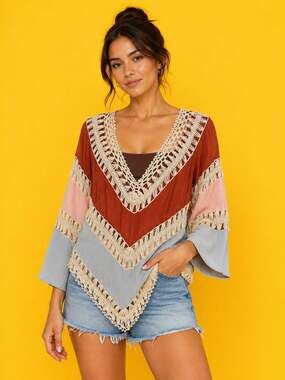 Umgee Women's Bohemian Colorblock V-Neck Crochet Tunic Cover-Up